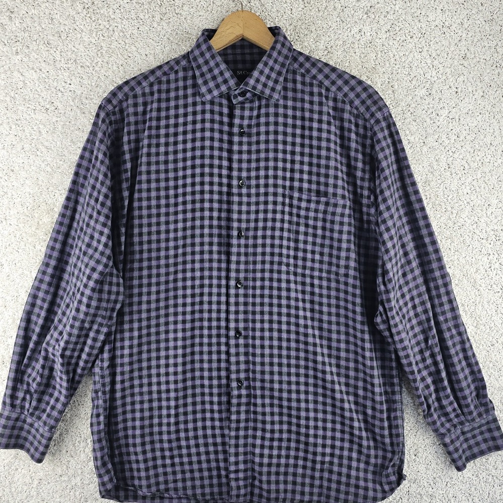 St Croix Purple Black Check Plaid Long Sleeve Shirt Cotton Sz XL Made In Italy